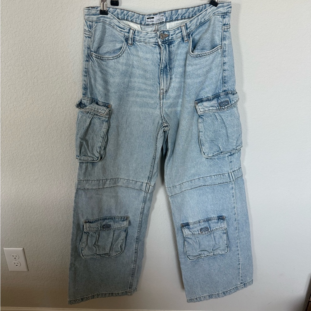 Bershka Light Wash Denim Cargo Jeans